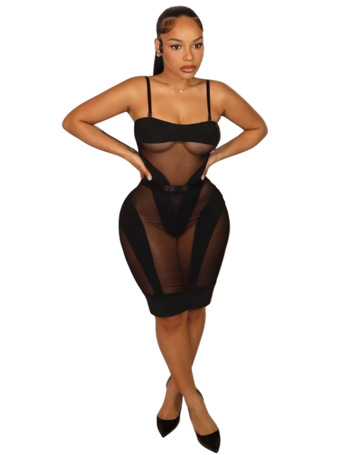 Noir Veil Mesh Midi Dress